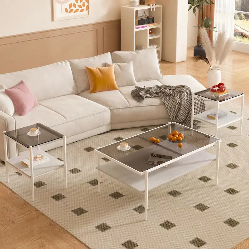 Ensemble de 3 tables basses et tables d'appoint, Table en verre trempé avec couche en MDF, Tables modernes pour salon, Verre gris