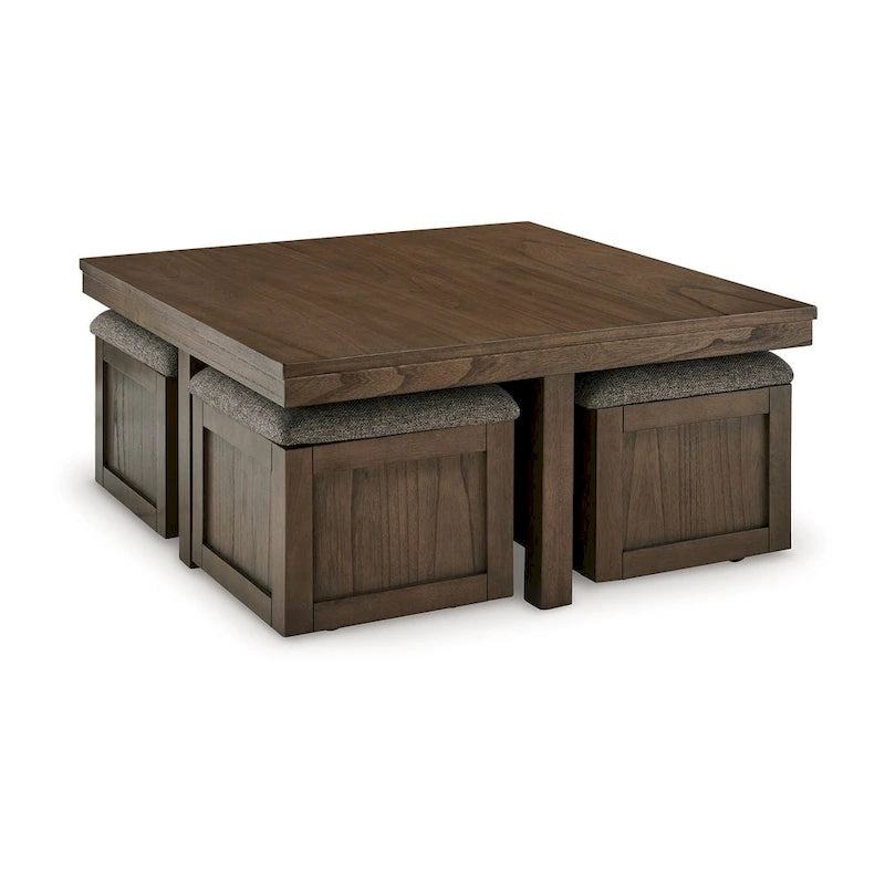 Olaf Coffee Table and 4 Nesting Stools Set, Brown Wood, Polyester Top