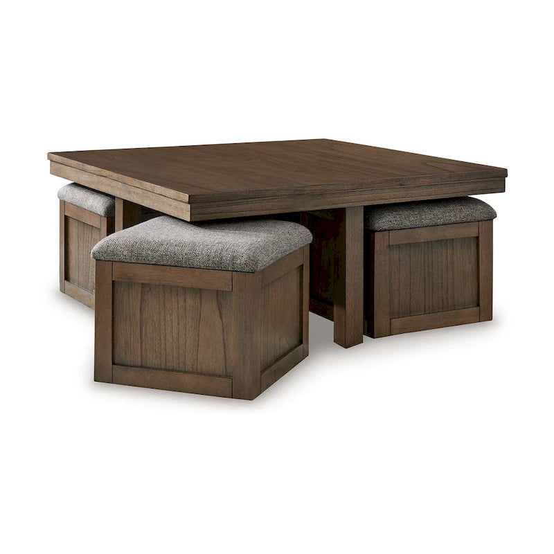 Table basse et 4 tabourets gigognes, Bois brun, Dessus en polyester