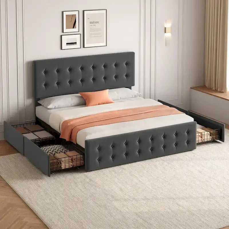 Bed Frame with Adjustable Headboard and 4 Storage Drawers