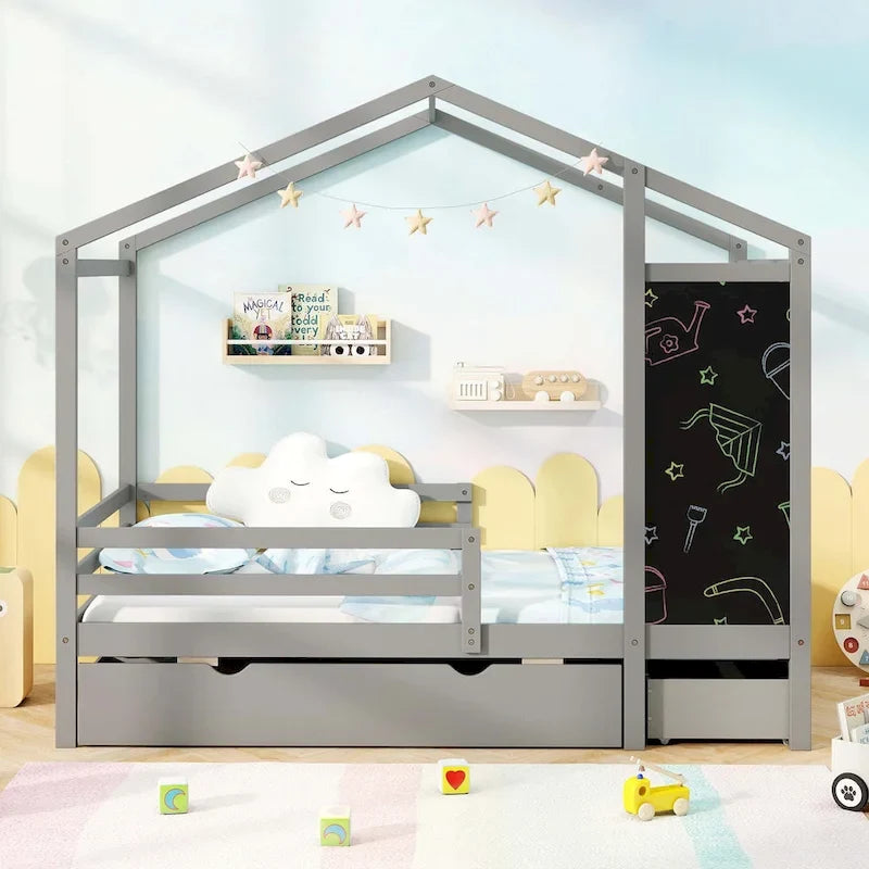 Lit Double avec 2 Tiroirs de Rangement Lit Plateforme en Bois Massif