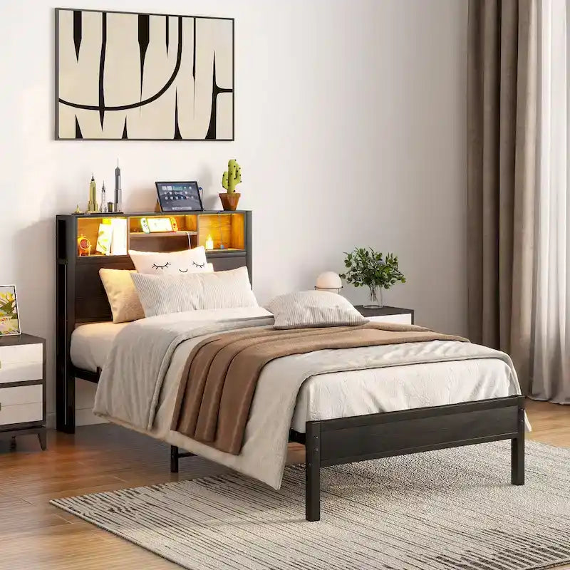 Twin Size Metal Platform Bed with Storage Headboard and Charger