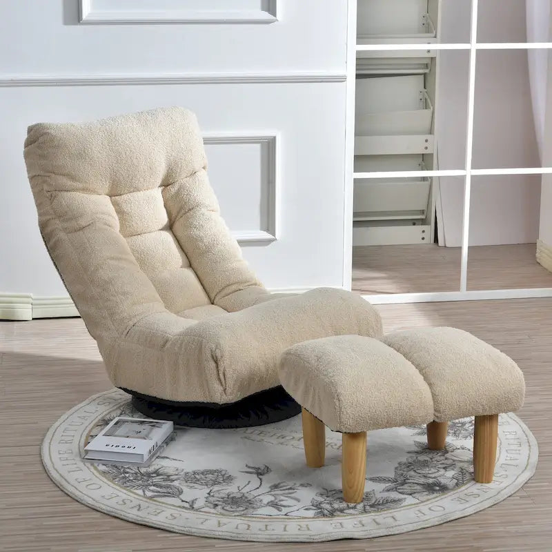 Fauteuil de relaxation pivotant à 360° sans accoudoirs, inclinable manuellement, en bouclé beige, avec pouf, têtière et dossier réglables