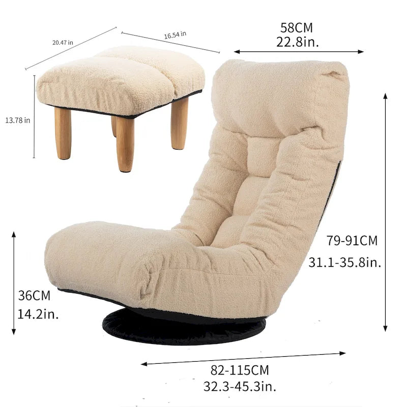 Fauteuil de relaxation pivotant à 360° sans accoudoirs, inclinable manuellement, en bouclé beige, avec pouf, têtière et dossier réglables
