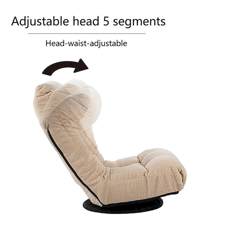 Fauteuil de relaxation pivotant à 360° sans accoudoirs, inclinable manuellement, en bouclé beige, avec pouf, têtière et dossier réglables