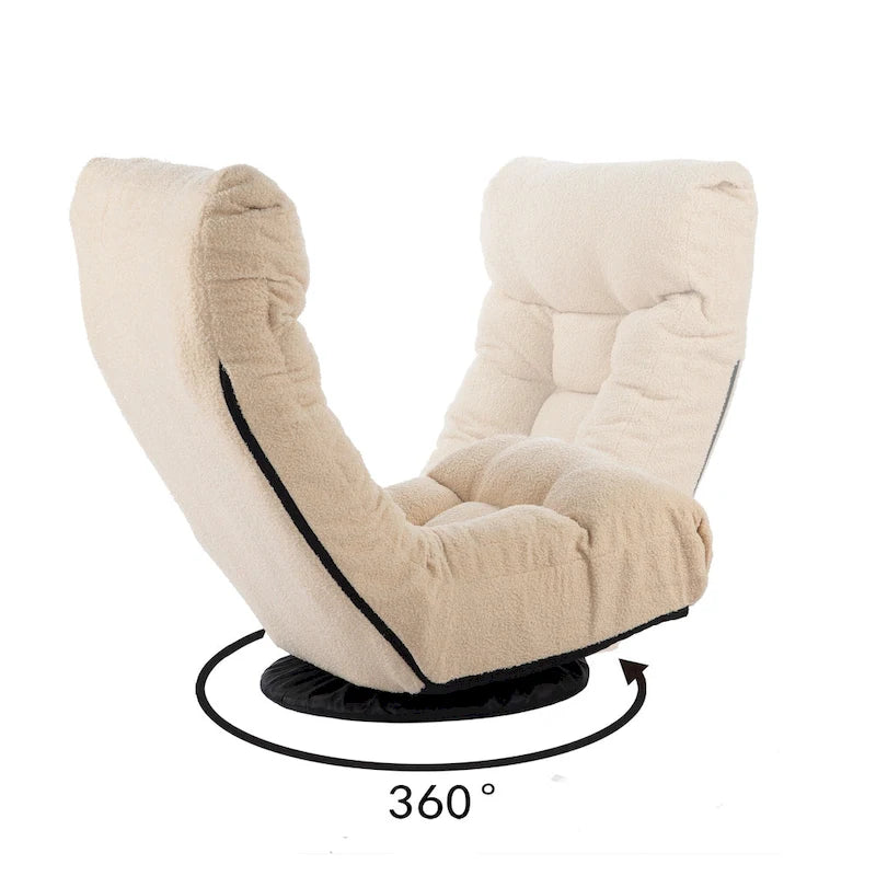 Fauteuil de relaxation pivotant à 360° sans accoudoirs, inclinable manuellement, en bouclé beige, avec pouf, têtière et dossier réglables