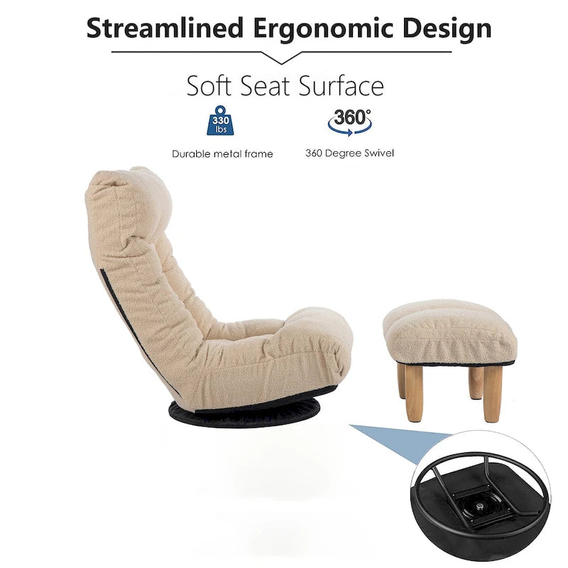 Fauteuil de relaxation pivotant à 360° sans accoudoirs, inclinable manuellement, en bouclé beige, avec pouf, têtière et dossier réglables