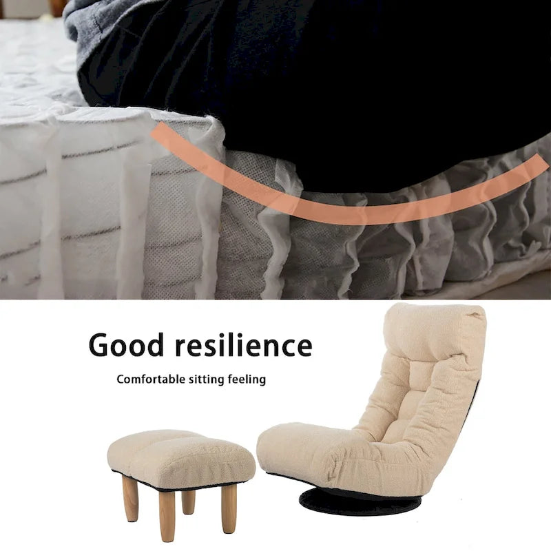 Fauteuil de relaxation pivotant à 360° sans accoudoirs, inclinable manuellement, en bouclé beige, avec pouf, têtière et dossier réglables