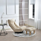 Fauteuil de relaxation pivotant à 360° sans accoudoirs, inclinable manuellement, en bouclé beige, avec pouf, têtière et dossier réglables