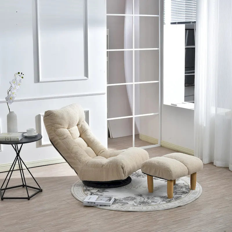 Fauteuil de relaxation pivotant à 360° sans accoudoirs, inclinable manuellement, en bouclé beige, avec pouf, têtière et dossier réglables