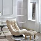 Fauteuil de relaxation pivotant à 360° sans accoudoirs, inclinable manuellement, en bouclé beige, avec pouf, têtière et dossier réglables