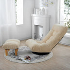 Fauteuil de relaxation pivotant à 360° sans accoudoirs, inclinable manuellement, en bouclé beige, avec pouf, têtière et dossier réglables