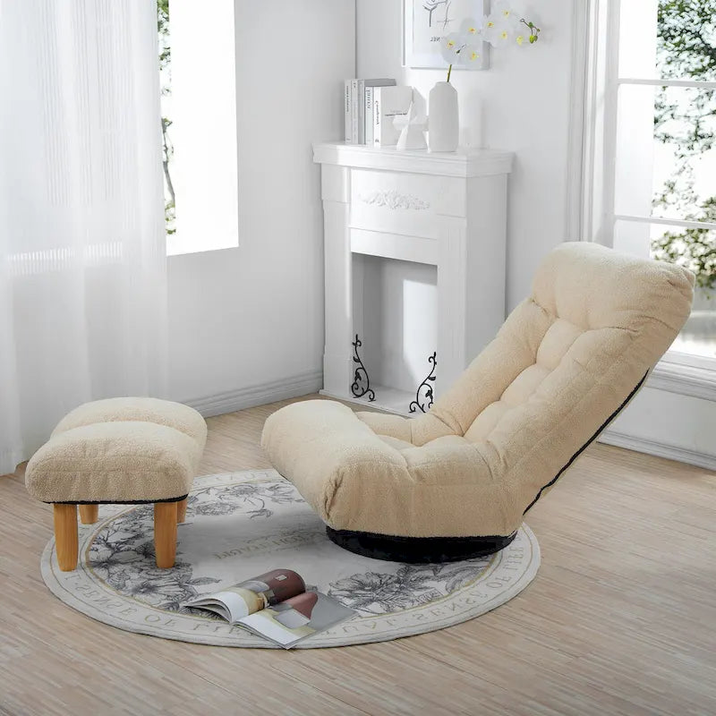 Fauteuil de relaxation pivotant à 360° sans accoudoirs, inclinable manuellement, en bouclé beige, avec pouf, têtière et dossier réglables