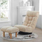 Fauteuil de relaxation pivotant à 360° sans accoudoirs, inclinable manuellement, en bouclé beige, avec pouf, têtière et dossier réglables
