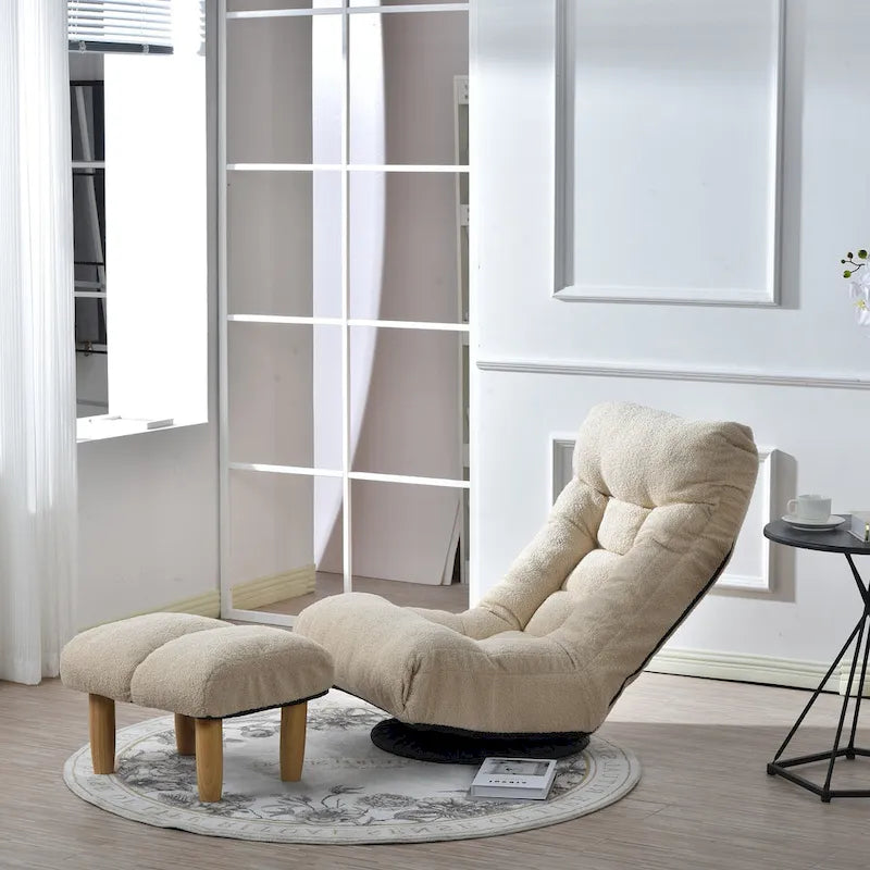 Fauteuil de relaxation pivotant à 360° sans accoudoirs, inclinable manuellement, en bouclé beige, avec pouf, têtière et dossier réglables