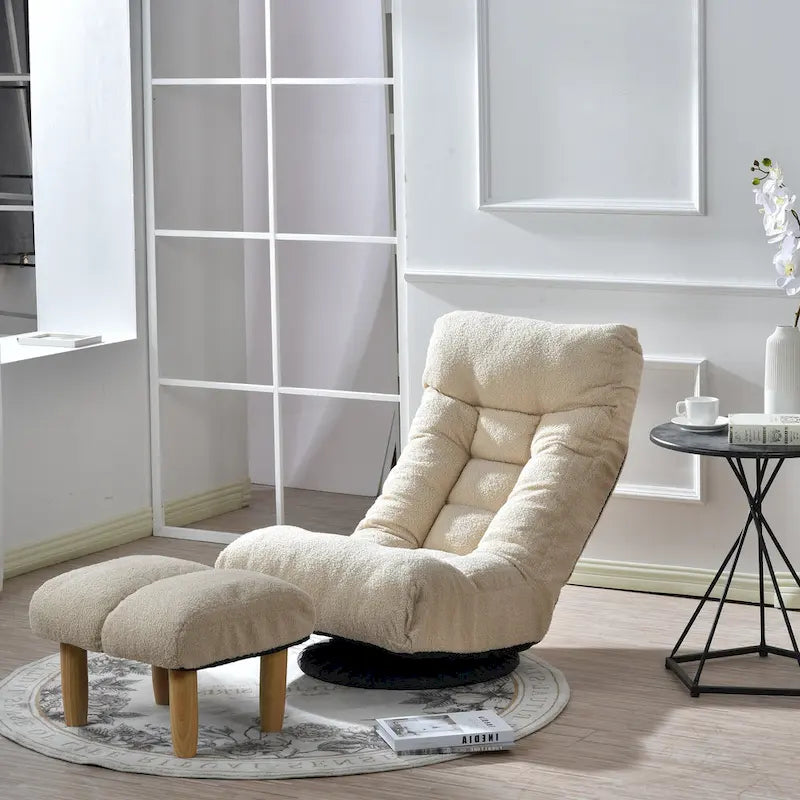 Fauteuil de relaxation pivotant à 360° sans accoudoirs, inclinable manuellement, en bouclé beige, avec pouf, têtière et dossier réglables