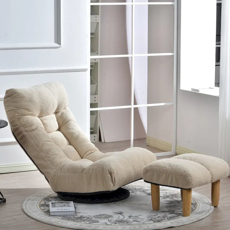 Fauteuil de relaxation pivotant à 360° sans accoudoirs, inclinable manuellement, en bouclé beige, avec pouf, têtière et dossier réglables