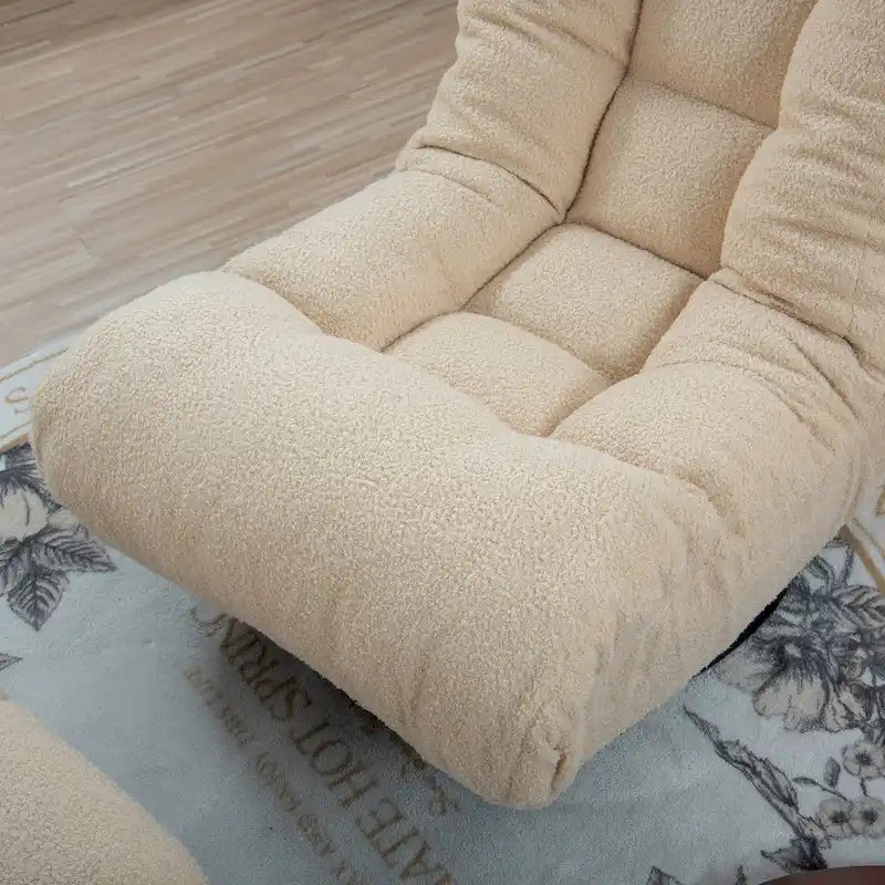 Fauteuil de relaxation pivotant à 360° sans accoudoirs, inclinable manuellement, en bouclé beige, avec pouf, têtière et dossier réglables