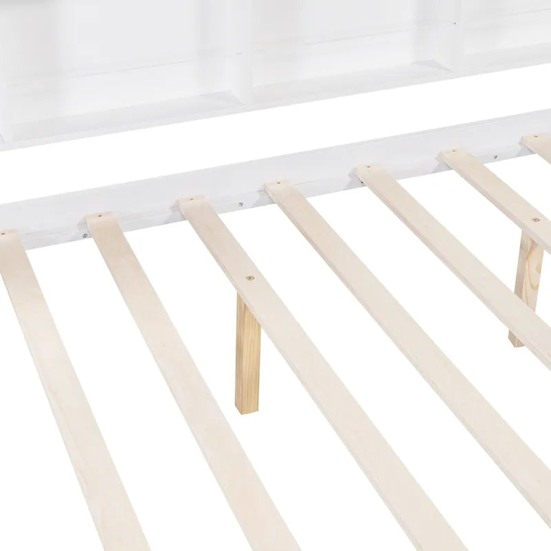 Lit de plateforme pour enfants en pin blanc avec tiroir gigogne, étagère et toit