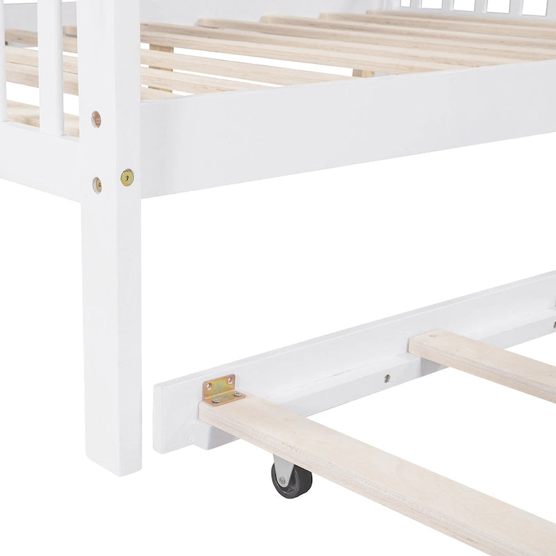 Lit de plateforme pour enfants en pin blanc avec tiroir gigogne, étagère et toit