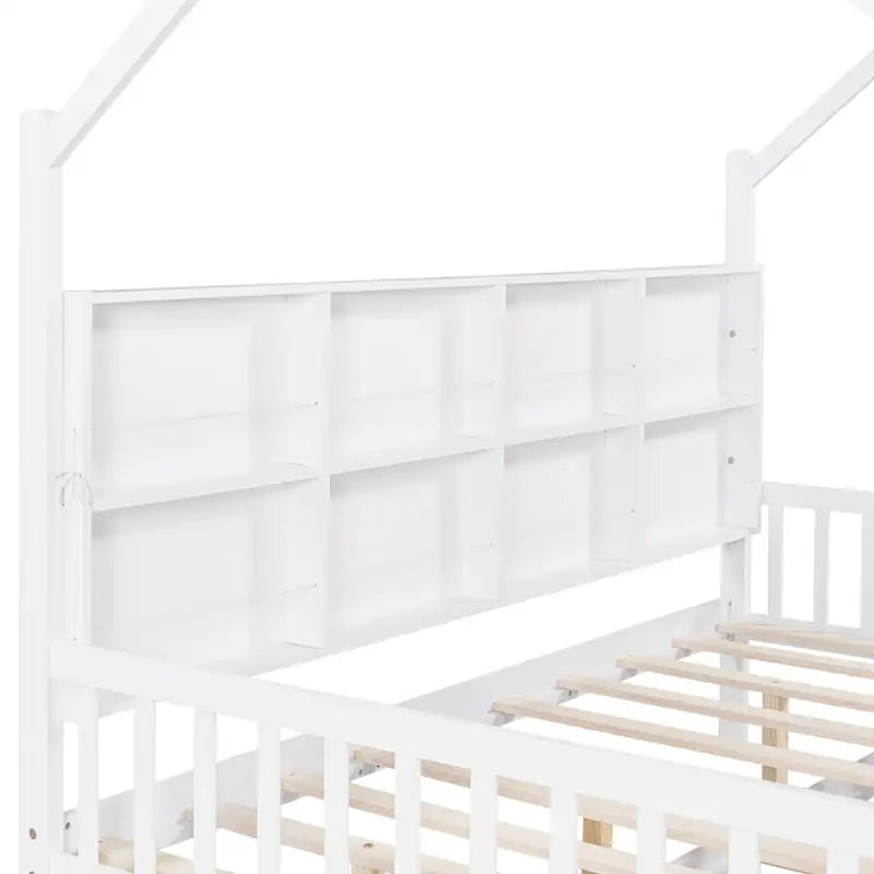 Lit de plateforme pour enfants en pin blanc avec tiroir gigogne, étagère et toit