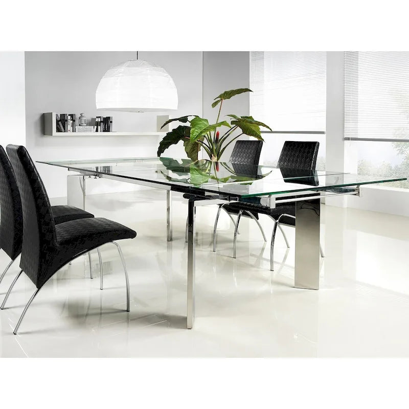 Table à manger extensible en chrome et verre transparent