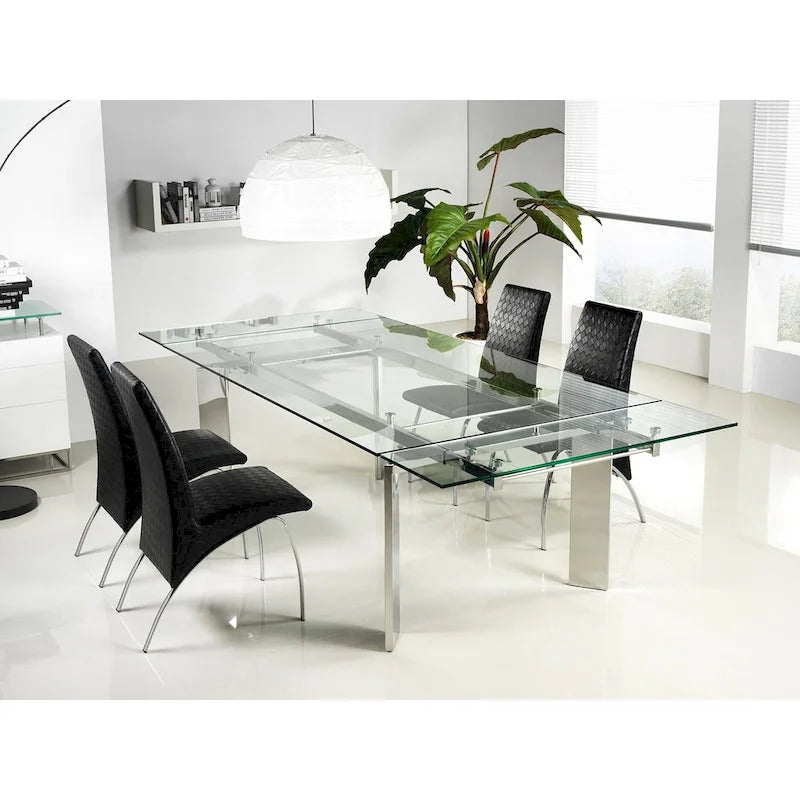 Table à manger extensible en chrome et verre transparent