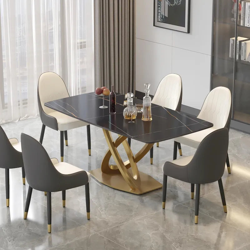 71 Table de salle à manger moderne avec plateau rectangulaire en pierre frittée et base dorée