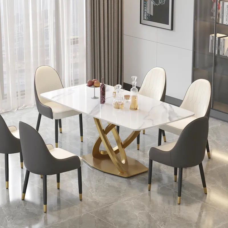 71 Table de salle à manger moderne avec plateau rectangulaire en pierre frittée et base dorée