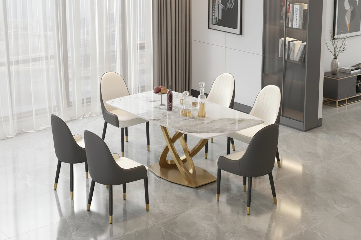 71 Modern Dining Table with Rectangular Sintered Stone Tabletop and Gold Base