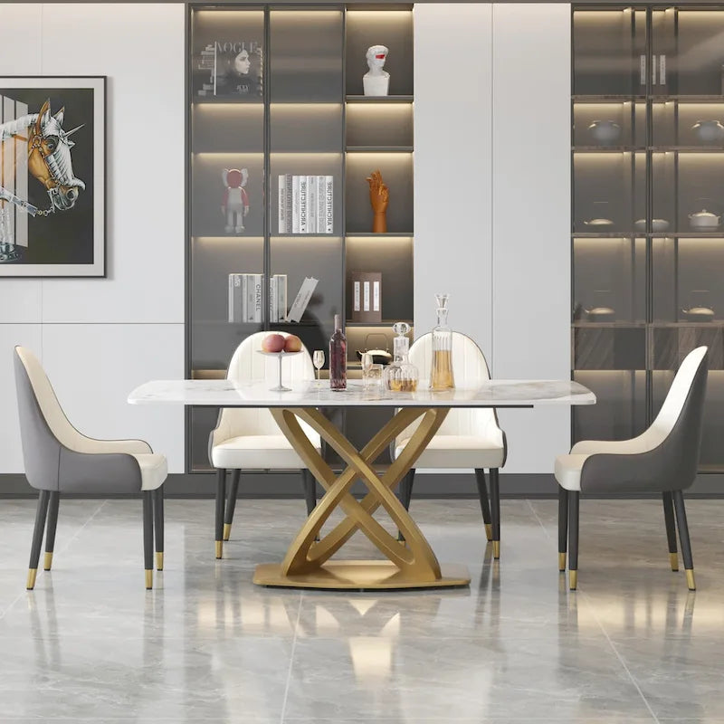 71 Table de salle à manger moderne avec plateau rectangulaire en pierre frittée et base dorée