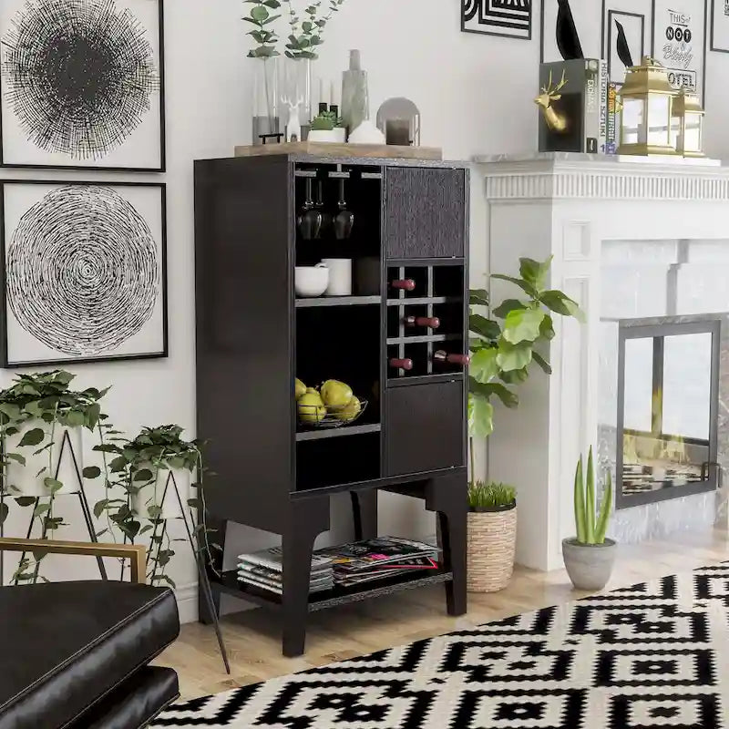 Buffet contemporain 4 étagères avec casier à vin — Chêne blanc et Cappuccino