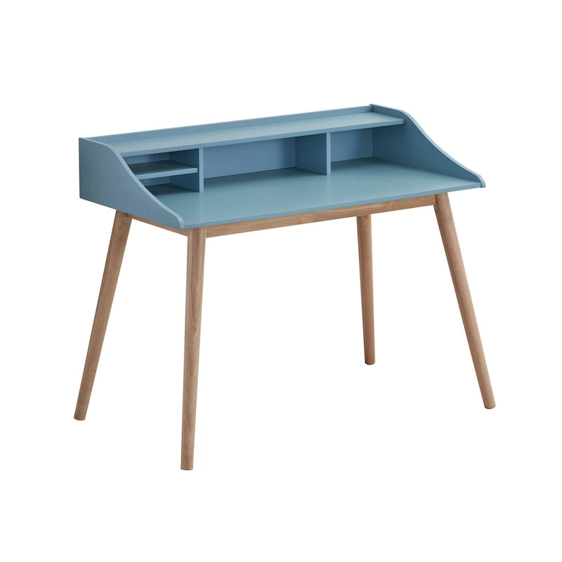 Bureau secrétaire en bois style scandinave avec huche, bleu