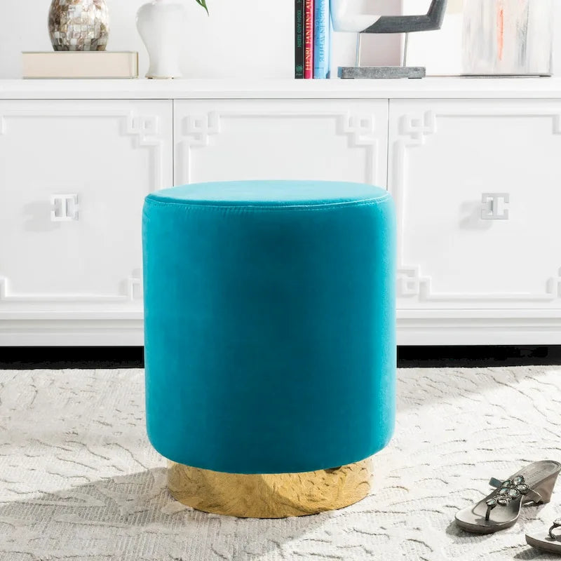 Pouf en velours avec base en laiton - Bleu marine / Laiton