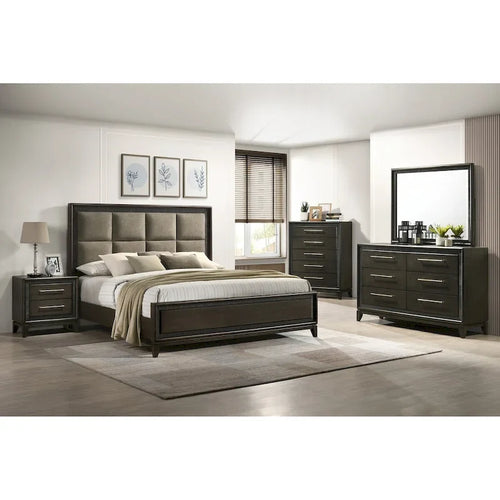 Milana 5 Piece Black Modern Contemporary Solid Wood And Veneers Fabric Bedroom Set