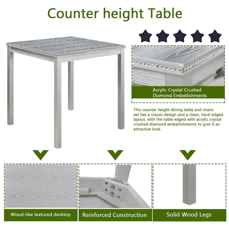 Ensemble de table à hauteur de comptoir 5 pièces, ensemble de table de cuisine en bois avec table carrée et 4 chaises rembourrées