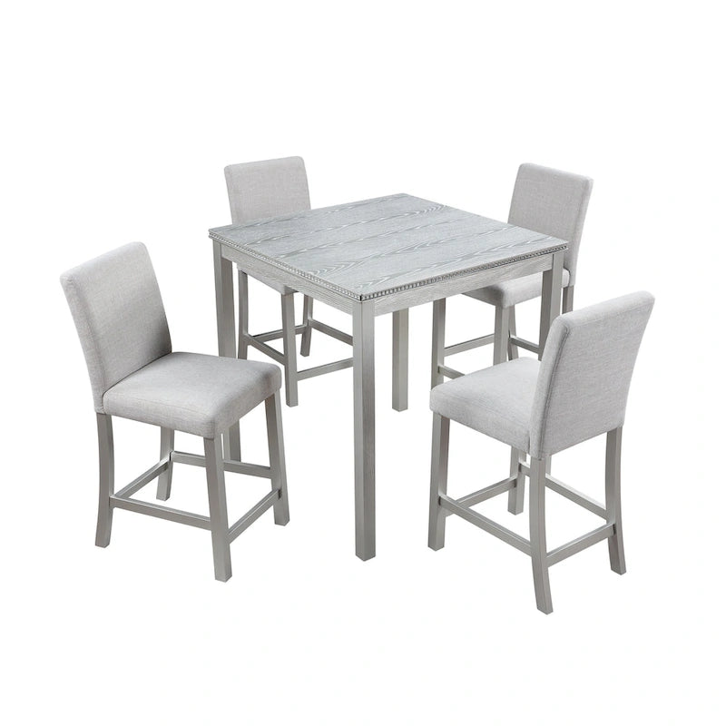 Ensemble de table à hauteur de comptoir 5 pièces, ensemble de table de cuisine en bois avec table carrée et 4 chaises rembourrées