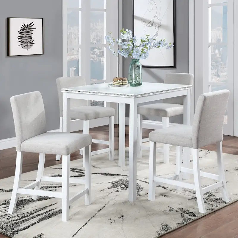 Ensemble de table à hauteur de comptoir 5 pièces, ensemble de table de cuisine en bois avec table carrée et 4 chaises rembourrées