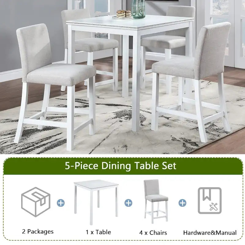 Ensemble de table à hauteur de comptoir 5 pièces, ensemble de table de cuisine en bois avec table carrée et 4 chaises rembourrées