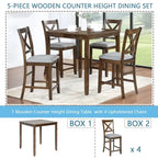 Ensemble de table à hauteur de comptoir 5 pièces, ensemble de table de cuisine en bois avec table carrée et 4 chaises rembourrées