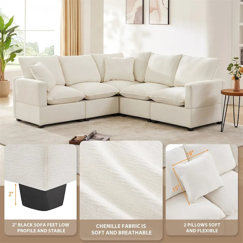 Canapé modulaire moderne en L, canapé sectionnel en chenille avec 2 oreillers