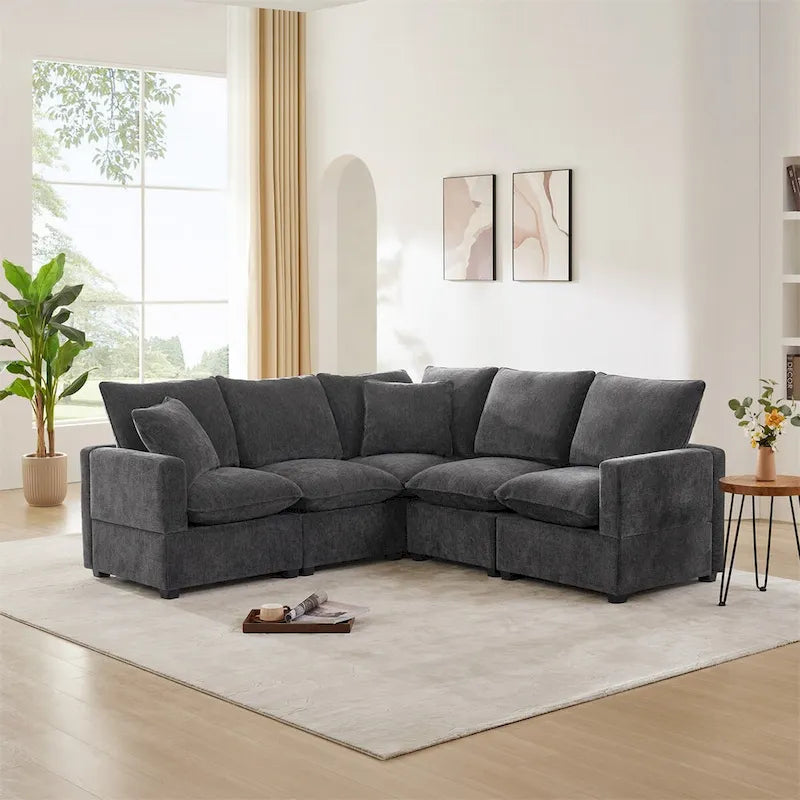 Canapé modulaire moderne en L, canapé sectionnel en chenille avec 2 oreillers