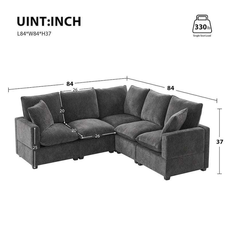 Canapé modulaire moderne en L, canapé sectionnel en chenille avec 2 oreillers