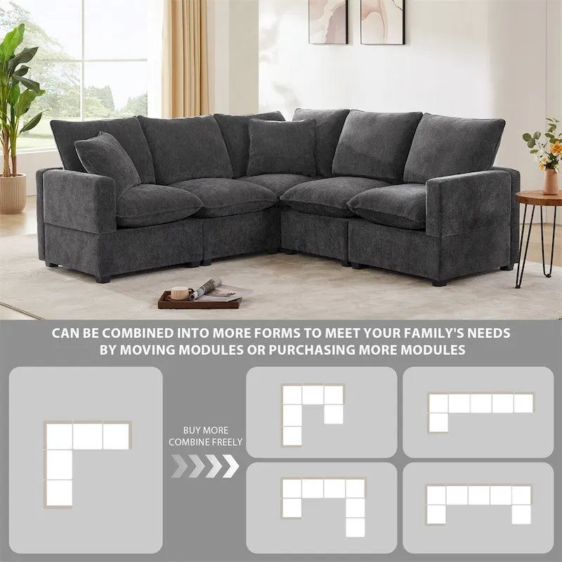 Canapé modulaire moderne en L, canapé sectionnel en chenille avec 2 oreillers