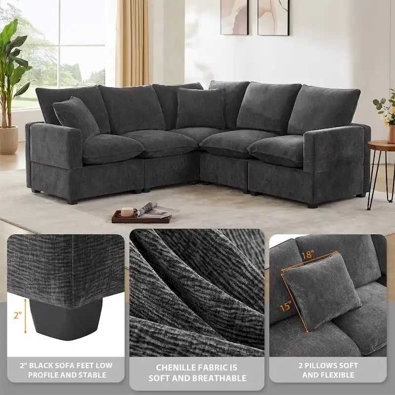 Canapé modulaire moderne en L, canapé sectionnel en chenille avec 2 oreillers