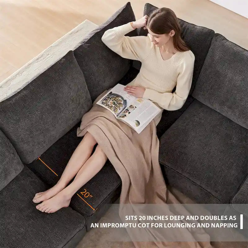 Canapé modulaire moderne en L, canapé sectionnel en chenille avec 2 oreillers
