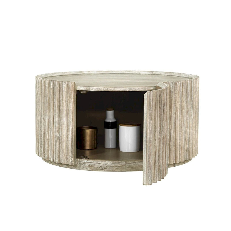 Table basse ronde en acacia massif côtier avec porte de rangement