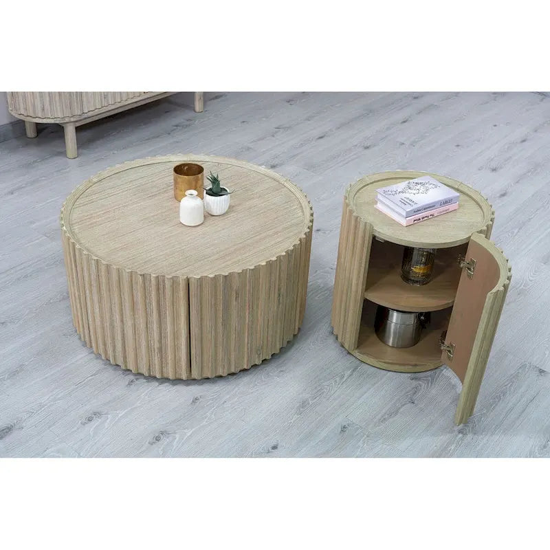 Table basse ronde en acacia massif côtier avec porte de rangement
