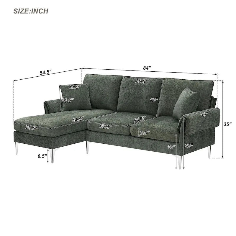 Canapé sectionnel convertible en L, canapé en chenille avec méridienne réversible pour salon, appartement