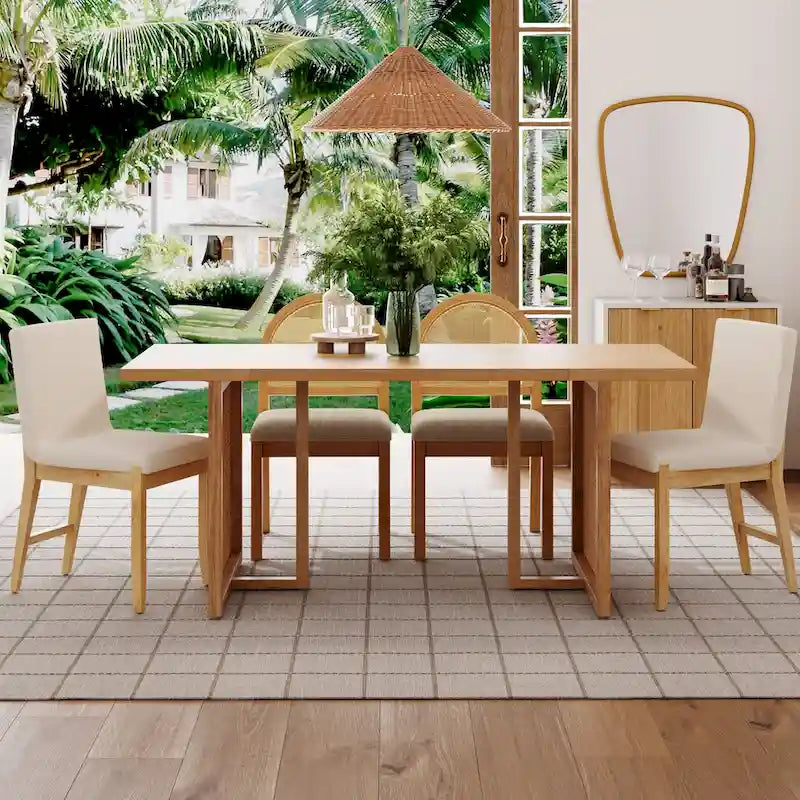 Table à manger bohème pour 6 personnes avec pieds en bois massif, touche en rotin